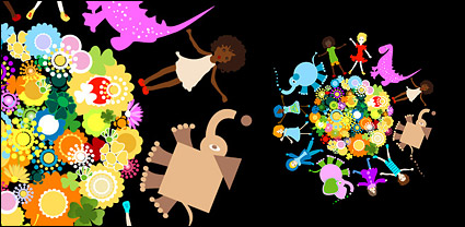 Children animal flowers vector material
